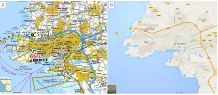 Fig. 2.  Difference of content quantity between maps from IGN-France (A) and Google Maps (B) – (Dumont et al., 2015)