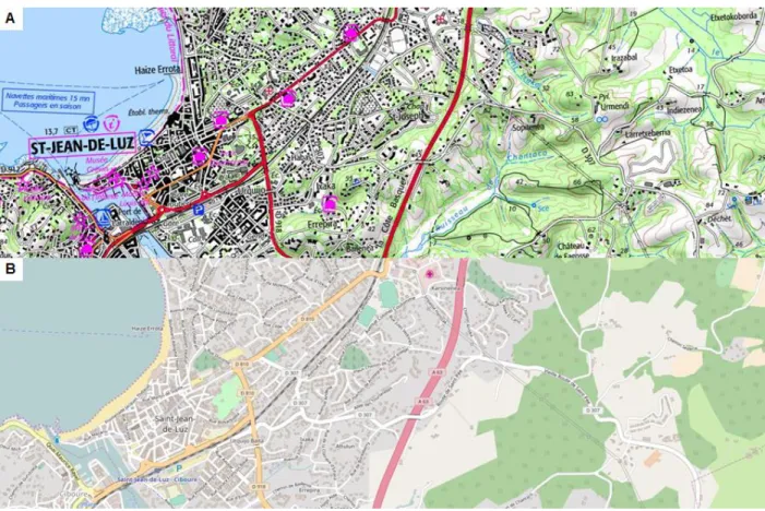 Fig. 5. Visual comparison of two topographic styles: IGN-France (A) and OpenStreetMap (B) - ©OpenStreetMap contributors