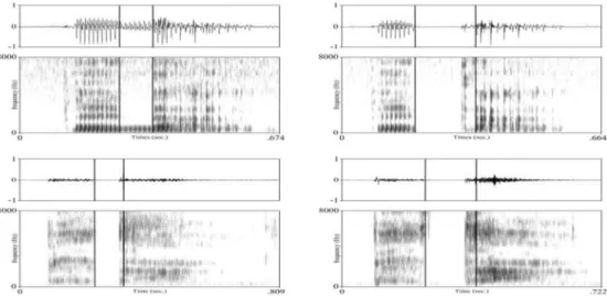 Figure 2 : Onde acoustique et spectrogramme des amorces /pedal/ ( ) et /petal/ ( ) en  parole modale (en haut)  (en bas)