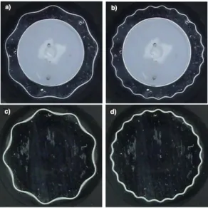 FIG. 2: Top view of the azimuthal pattern displayed at the periphery of a torus (a, b) and of a puddle (c, d) of mercury for f = 16.4 Hz (a, c) and f = 43 Hz (b, d)