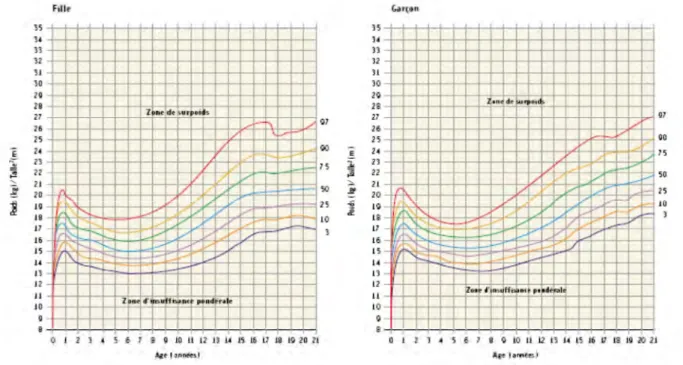 Figure 1 .  Courbes de percentiles présentant l’IMC   chez les filles et les garçons en Fonction de    l’âge    (ROLLAND  CACHERA et coll