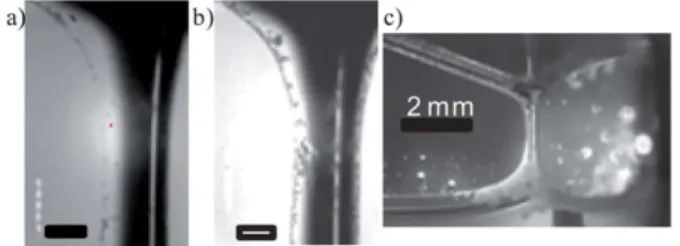 Fig. 4 Photographs of a Plateau border during TEOS polycondensation with a constant liquid flow (Q ¼ 20 m L min 1 ) at different times: (a) 1 min, (b) 5 min and (c) 40 min