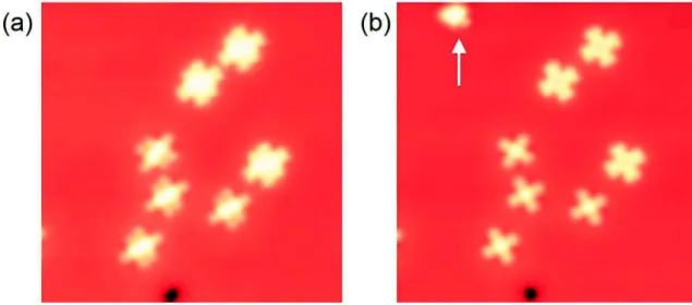 Figure 2.2 STM images of transition-metal phthalocyanines molecules on Ag(111) before (a) and after (b)  modify the  tip structure upon  indentation on surface