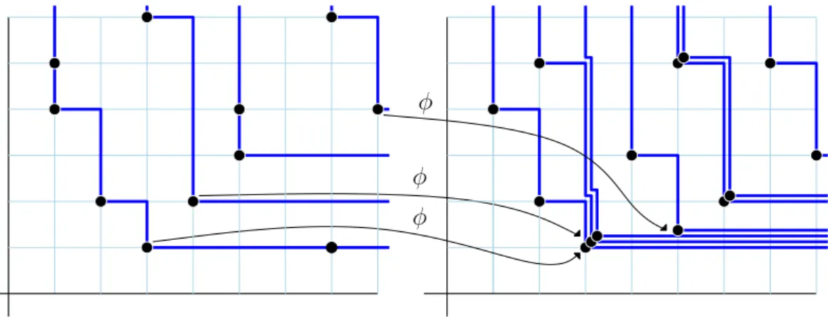 Figure 8: An example of the function φ 0 . Left: a realization of Hammersley lines H (1,1) ` 