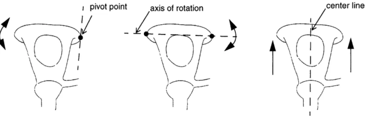 Figure  1.3:  Three  suggested modes  of motion  for the human  stapes.  Left  was  sug- gested by  von Bekesy  for SPLs below  the  threshold of hearing