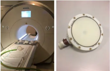 Figure 2.11 Left side: Custom-made MRE pneumatic MRE passive driver on the table of the 1.5 T MRI  scanner (MAGNETOM Aera, Siemens)