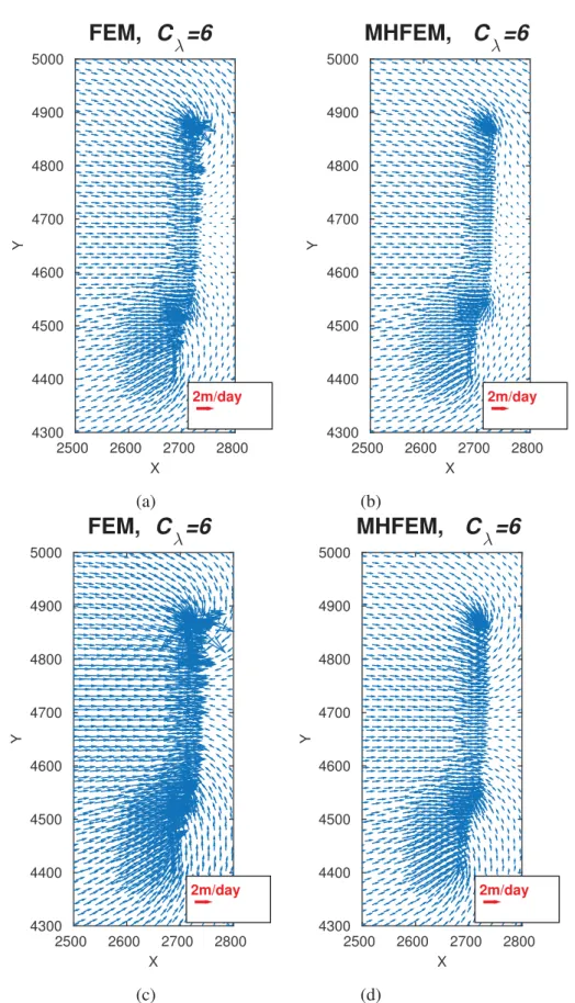 Figure 2.10: Velocity fi eld near to the drains with the leakage coef fi cient C λ = 6 m −1 d −1 