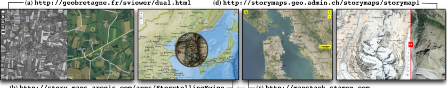 Figure 1. The four main composition strategies: (a) synchronized juxtaposed views, (b) magic lens, (c) translucent overlay, (d) swipe.