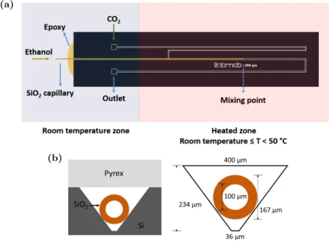 Figure 1: Illustration of the developed microfluidic device used for the experimental mixing studies: (a)