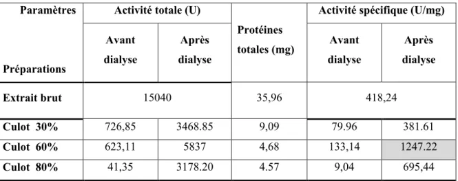 Tableau 10. Bilan de purification de l’extrait enzymatique.