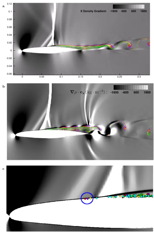 Figure 4: Visualisation of the transonic interaction dynamics for α = 5° by means of longitu- longitu-dinal density gradient isocontours and streaklines (coloured particles): (a) Shock at the most downstream position corresponding to the thinnest separated