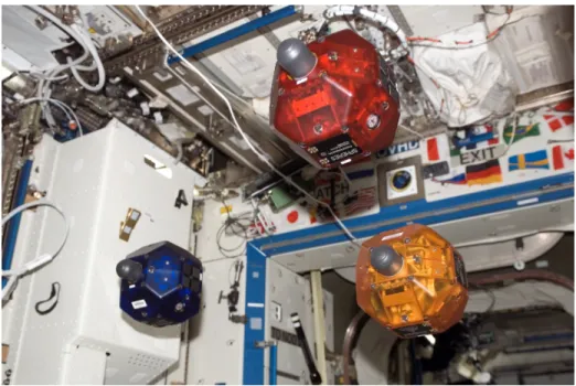 Figure 1-4: Three SPHERES in formation on the ISS [1]