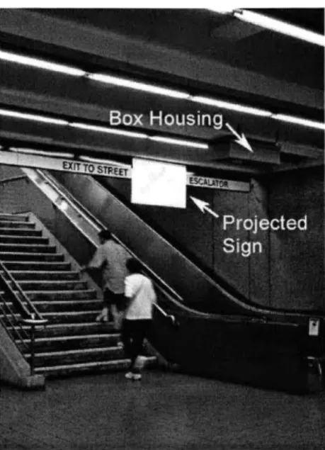 Figure  4-1:  The  system  in  Kendall  outbound  station.  The  box  has  a  projector  to display  the  sign  and  a  camera  directed  at  the  stairs/escalator  and  connected  to  a laptop  to  count  passers-by.