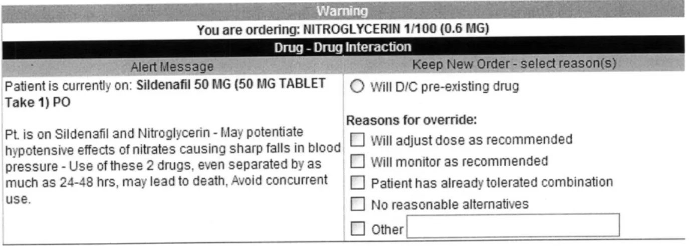 Figure  1: The  drug-drug interaction alert for the combination  of Viagra (Sildenafil)  and Nitroglycerin.