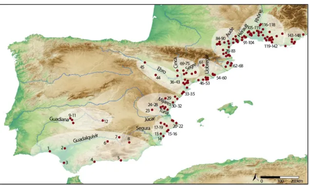 Figure 1. Map of the study area with the position of the archaeological sites and differentiated areas