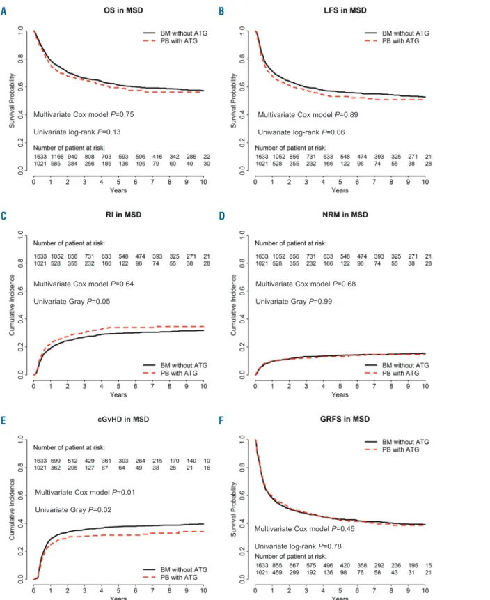 Figure 1.  Comparison of outcomes in bone marrow (BM) patients without anti-thymocyte globulin (ATG) and in those given peripheral blood (PB) stem cells with ATG (the dotted line shows the PBSC with ATG curve adjusted for relevant covariates) in the cohort
