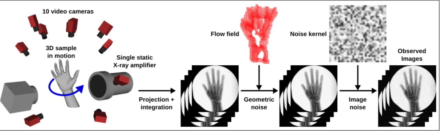 Fig. 2. X-ray image formation model for a moving sample observed by a single static planar X-ray amplifier