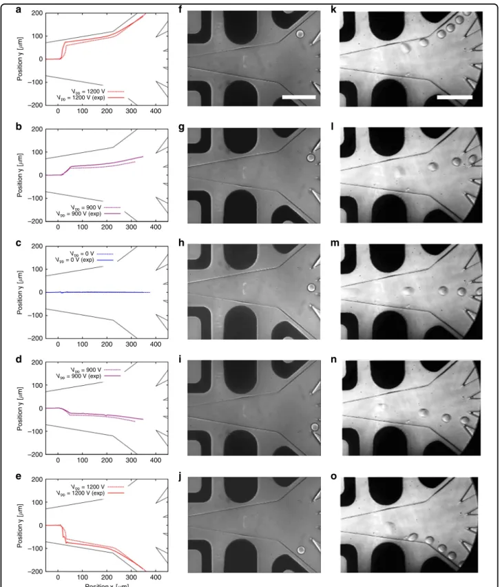 Fig. 2 Droplet de ﬂ ections into the sorting channels. a – e Droplet trajectories tracked using a home-made image analysis software (n = 600 droplets for each trajectory)