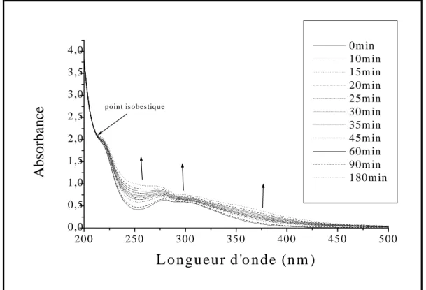 Figure III.3.1 : Evolution du spectre d'absorption UV-Visible lors du vieillissement du mélange    3,5-DMP - Fe(III) (10 -4  mol.L -1 , 3x10 -4  mol.L -1  98% de monomères)                