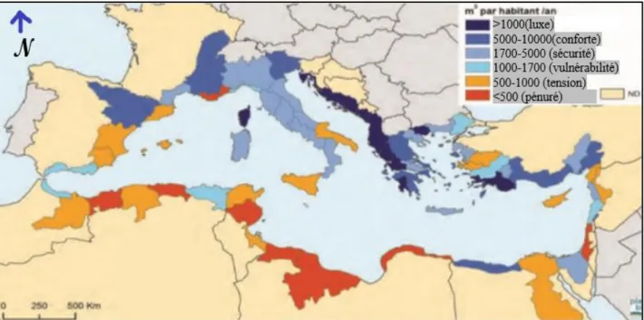 Figure V.1. Ressources en eau naturelle renouvelables par habitant dans les différents bassins  élémentaires méditerranéens (entre 1995-2005) (Plan bleu, 2009) 