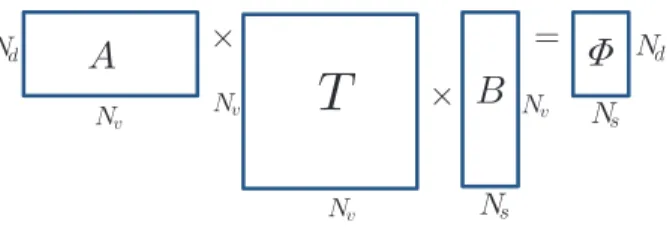 FIG. 2. (color online) Block diagram of Eq. (9) with sizes of all matrices indicated. Here N d and N s are the numbers of detectors and sources and N v is the number of voxels.