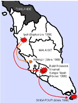 Figure 1 : Localisation des premières épidémies liées au  virus Nipah en Malaisie et à  Singapour entre septembre 1998 et avril 1999