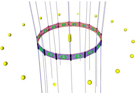 Figure 2. An Ω(N 2 ) construction. From a total of N sites, half of them in a segment inside the sphere, and half of them on a circle outside the sphere, we obtain a total of Ω(N 2 ) edges embedded on the sphere.