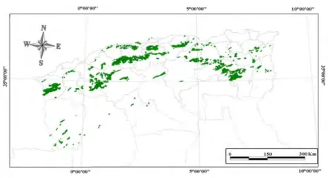 Fig 1.2. Répartition du chêne vert en Algérie Source : DGF Modifié 2007