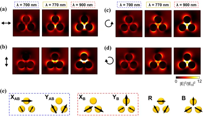 Figure 2. Near-field intensity maps for wavelengths of 700 nm, 770 nm, and 900 nm with an  excitation  with  a)  X-polarization,  b)  Y-polarization,  c)  left  circular  polarization,  and  d)  right  circular polarization