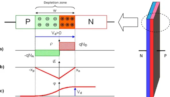 Figure  2.3:  Formation  of  a  PN  junction  in  the  Schottky  approximation.  (a)  space- space-charge  distribution  due  to  fixed  ionized  dopants;  (b)  electric  field  obtained  by  integration  of  the  Poisson  equation;  (c)  a  second  integr