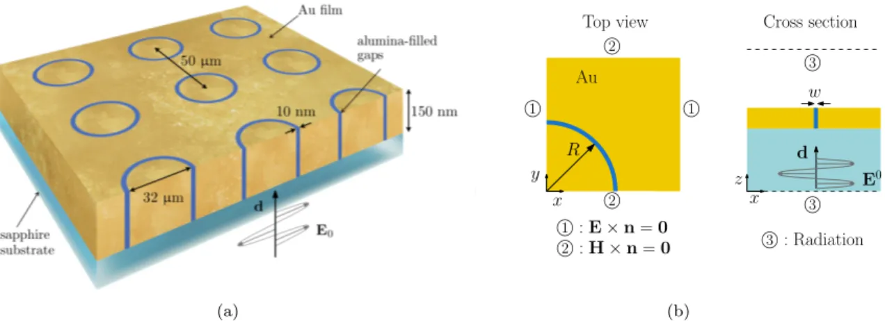 Figure 3: (a) Schematic diagram of thin gold film on silica substrate patterned with periodic square array of alu- alu-mina gaps under plane wave THz illualu-mination