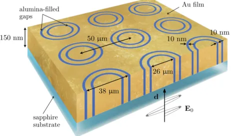 Figure 7: Schematic diagram of thin gold film on sapphire substrate patterned with periodic square array of concentric alumina gaps under plane wave THz illumination.
