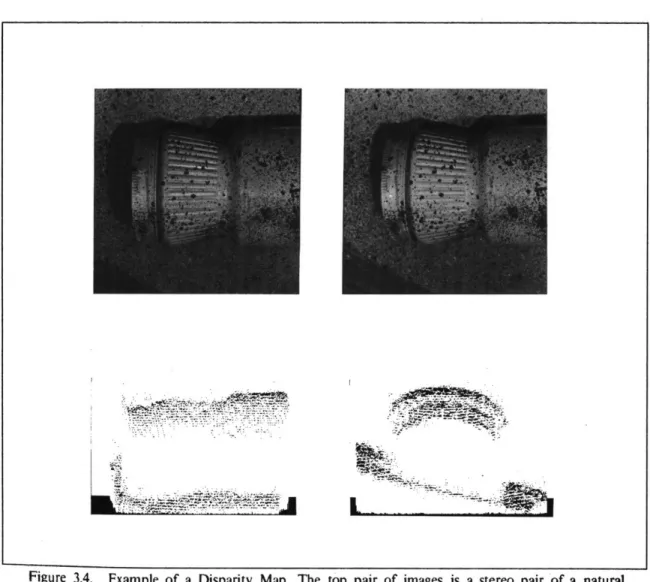 Figure  3.4.  Example  of  a  Disparity  Map.  The  top  pair  of  images  is a  stereo  pair  of  a  natural scene