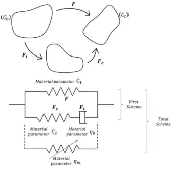 Fig. 5 Definition of the configurations and of the rheological modelling