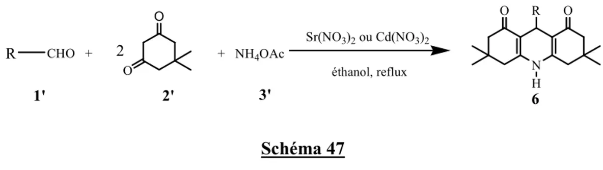 Tableau  5:  Propriétés  physiques  et  rendements  des  1,4-DHPs  catalysées  par  la  Sr(NO 3 )2.4H 2 O,  Cd(NO 3 ) 2 .4H 2 O  Entrée  Produit a  Ar  Catalyseur  Sr(NO 3 ) 2 b  Cd(NO 3 ) 2 c Temps(h)  Rdt (%)  T.fus