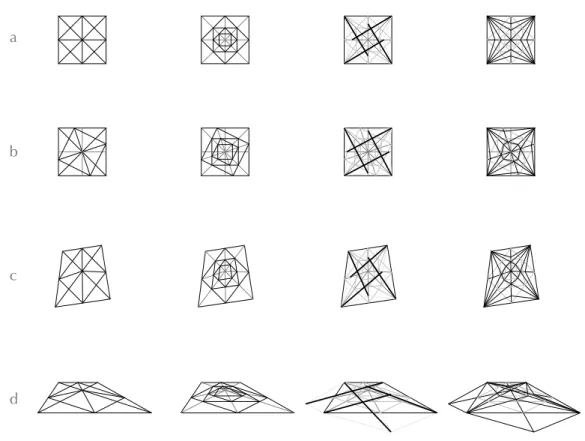 Fig. 0.9. Yanhuitlan rib patterns plans on other shapes by row: a. original pattern; 