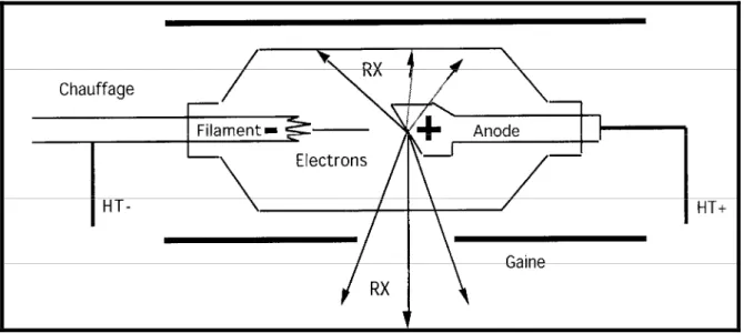 Figure 1 : Schéma d’un tube à rayons X. HT = Haute Tension et RX =  Rayons X émis par l’anode