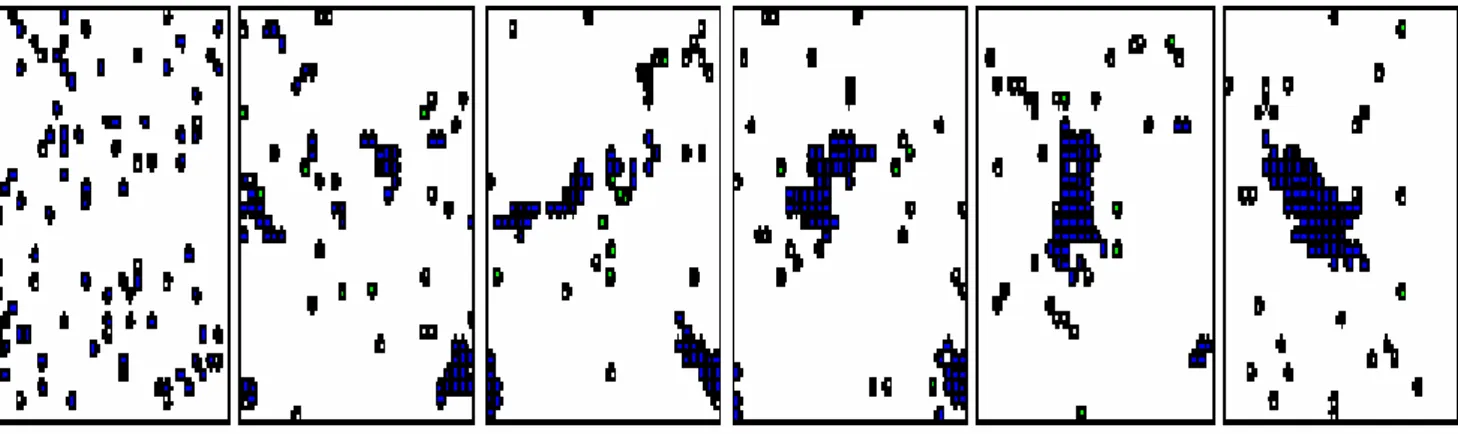 Figure 2.25 : Tache de "Clustering" : les agents (cercle avec trait) doivent rassembler les  objets (cercles noirs) à partir d'une distribution initiale aléatoire 