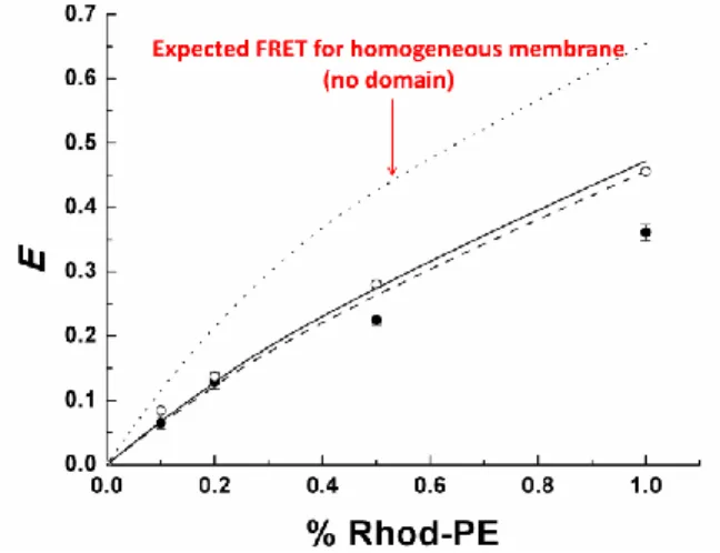 Figure 4: FRET efficiencies versus content (mol %) of accep- accep-tor for DPPC at 46°C (○) and for POPC at 25°C ()