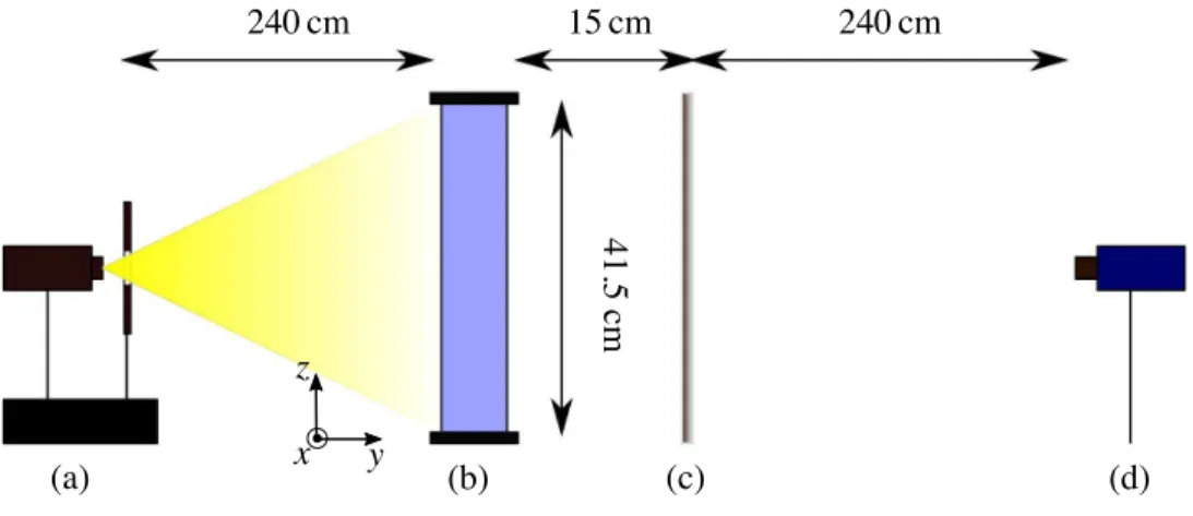 Figure 1: Optical set-up for the shadowgraph experiment. (a) Quartz Iodine Lamp, heat absorbing filter, and diaphragm, (b) Rayleigh-B´enard convection cell, (c) ground glass diffuser, (d) PCO 1600 camera.