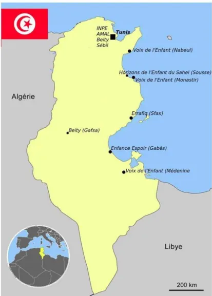 Figure 2. Carte des associations et de l’organisme étatique qui font partie de l’enquête ethnographique en  Tunisie 