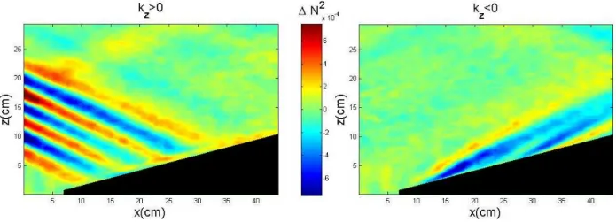 FIG. 8: Horizontal density gradient ρ x . (Left) Downward (A and C) and (right) upward (B and D) waves reflecting on a slope (α = 14), in ∆N 2 rad 2 .s −2 