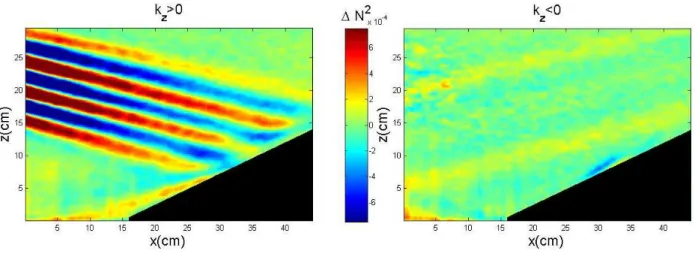 FIG. 9: Horizontal density gradient ρ x . (Left) Downward waves (A and C) and (right) upward waves (B and D) reflecting on a slope (α = 25.5), in ∆N 2 rad 2 .s −2 