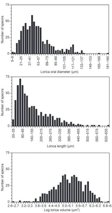 Fig. 2. Distributions of lorica dimensions among tintinnids based  on the data shown and references given in Fig