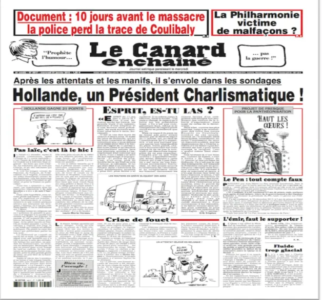 Figure n°03 : Le canard enchainé n° 4917 du mercredi 21 janvier 2015, p. 1  4.3.2.  Les mots-valises 