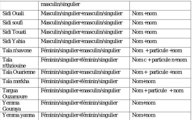 Tableau  n°7 :  Classification  des  toponymes  composée  selon  le  genre,  le  nombre  et  la  structure grammaticale 