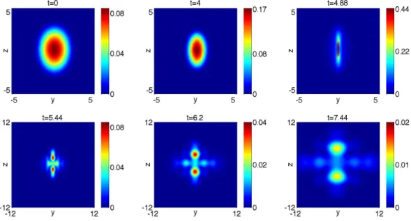 Figure 4: Contour plots of the column density ρ c x ( y, z,t ) at different times for the example 4.4