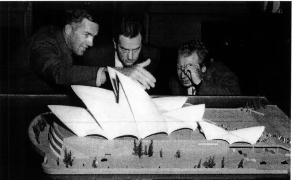 Figure  11.  Utzon  and  Arup engineers  discussing  a physical  model.  Philip  Nobis,  &#34;Great  Strength with  extreme  lightness:  Utzon's  Use  of Plywood,&#34;  in  Building a Masterpiece: the Sydney  Opera