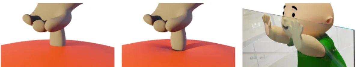 Fig. 1. Time-independent elastic deformations. Left: a rigid finger and an elastic balloon are intersecting in the initial configuration