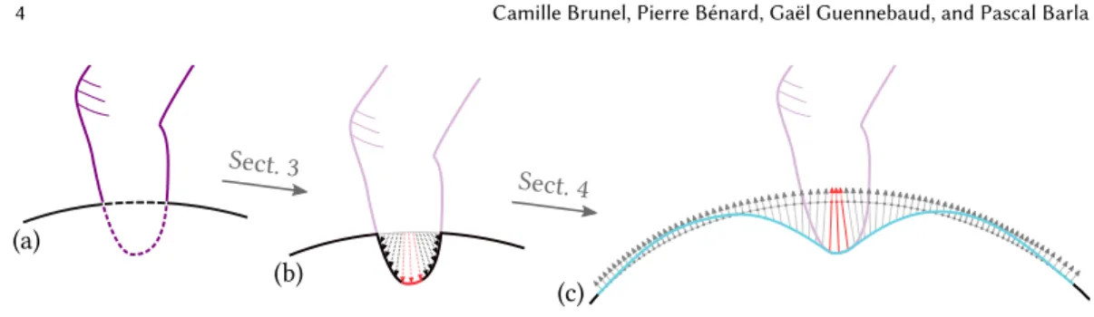 Fig. 2. Overview of our approach. (a) Our operator restarts from scratch at every frame with a pair of objects – one rigid (in purple), the other elastic (in black) – and computes the intersection between them (dashed lines)